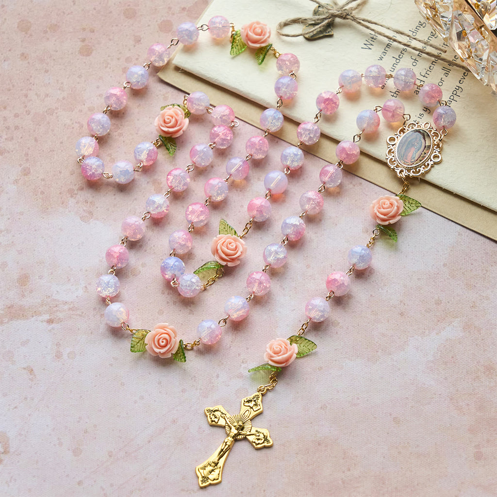 Named Iridescent Glass Beads And A Specific Centerpiece, Not A Generic "Pink Rosary"
