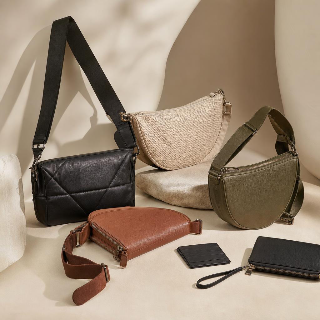 Original crossbody-bag editorial with leather and fabric bags, straps, card holder and pouch