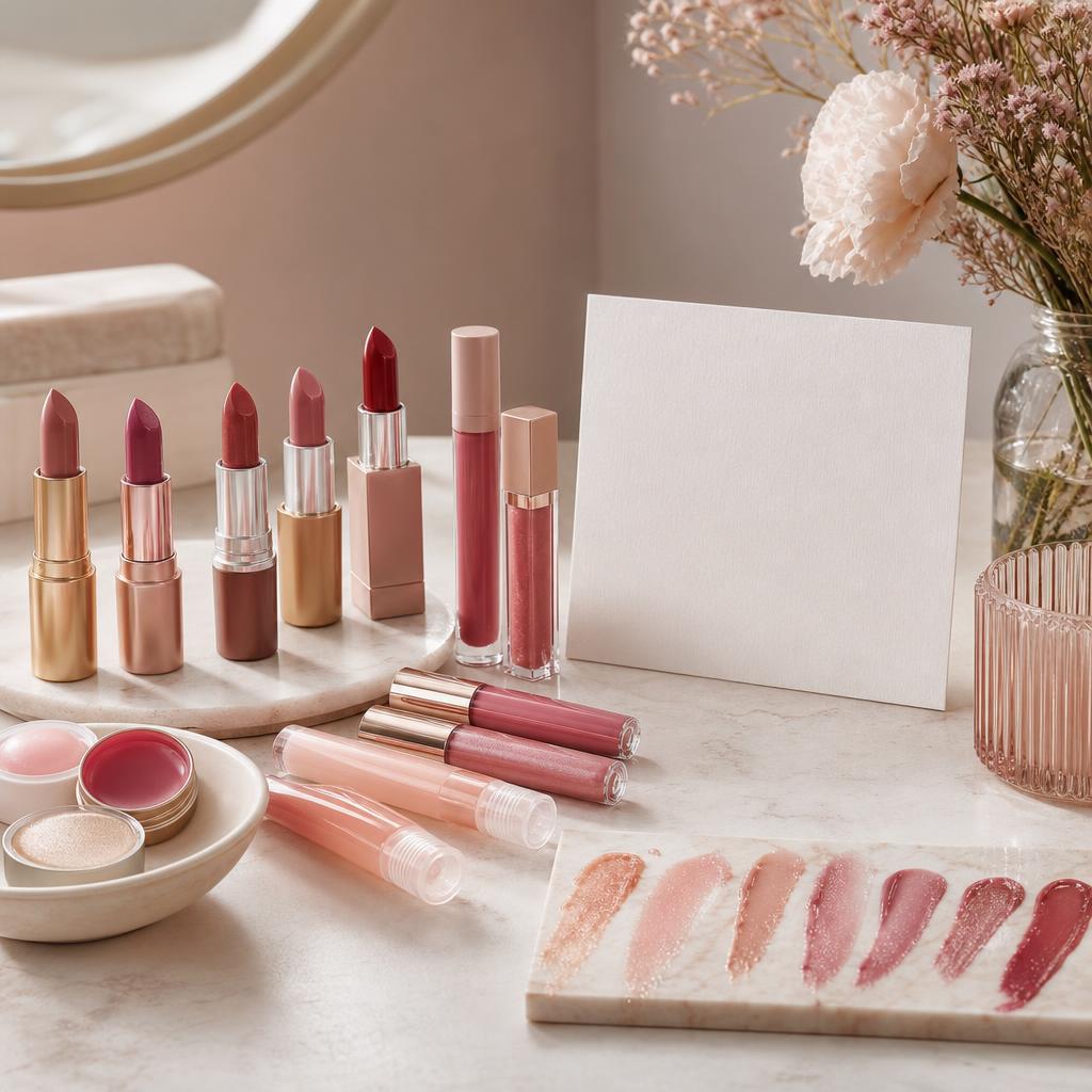 Original lip-cosmetics editorial with balms, glosses, lipsticks and shade swatches