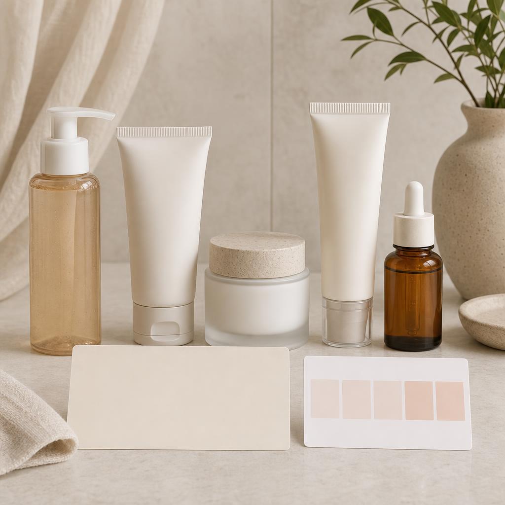 Original conservative professional-skincare editorial with sealed products and blank ingredient cards