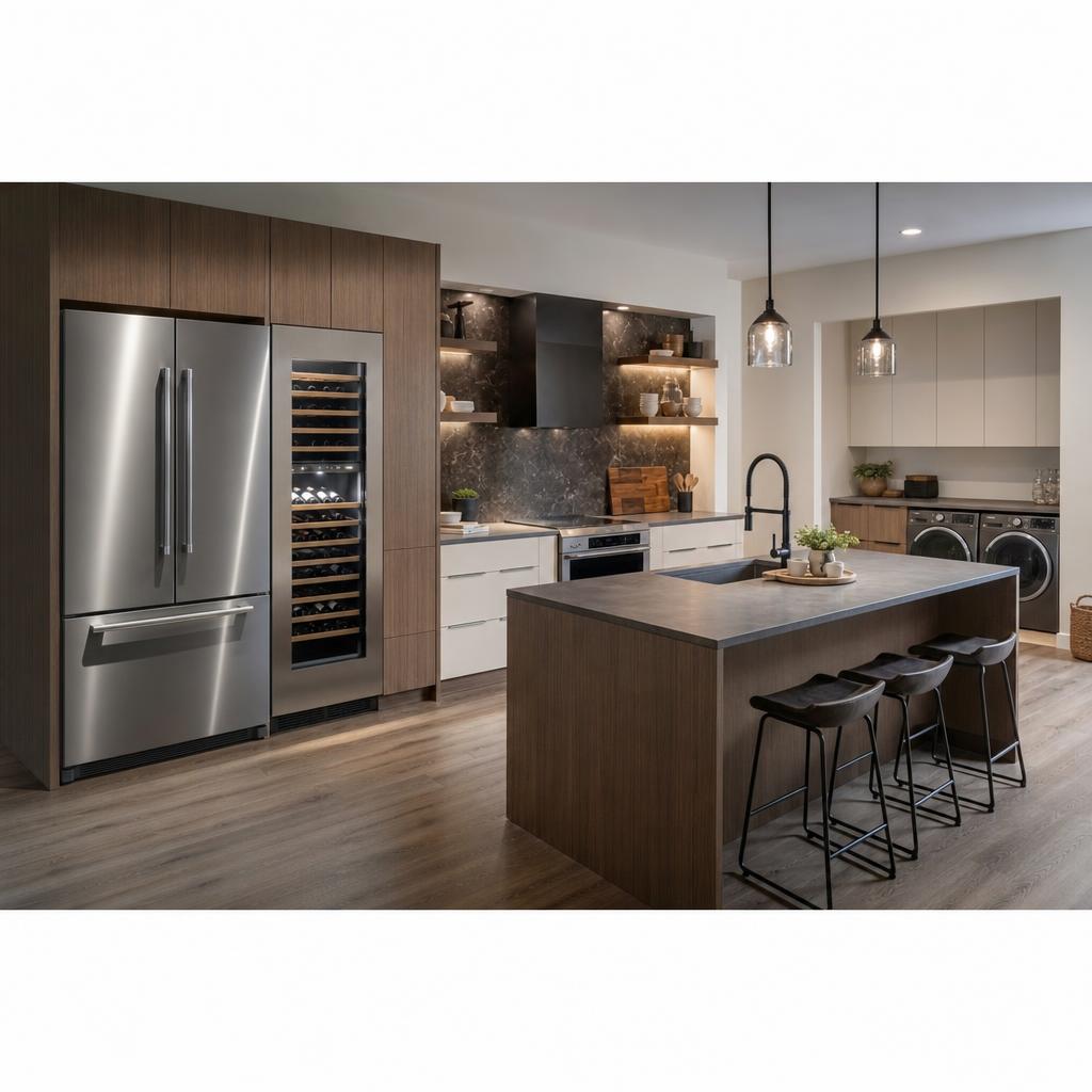 Original modern kitchen and laundry editorial featuring several major home appliances