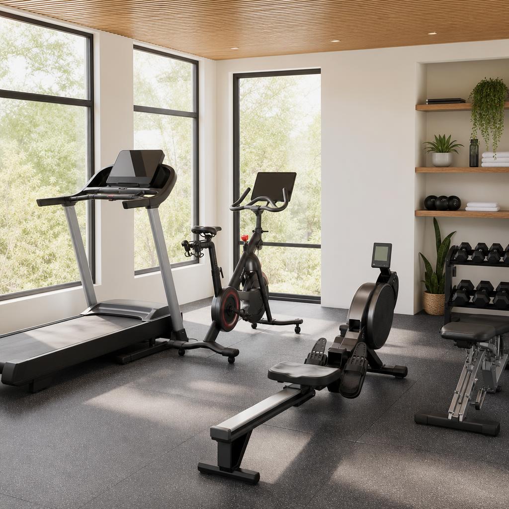 Original editorial image of cardio machines and strength equipment in a bright home gym