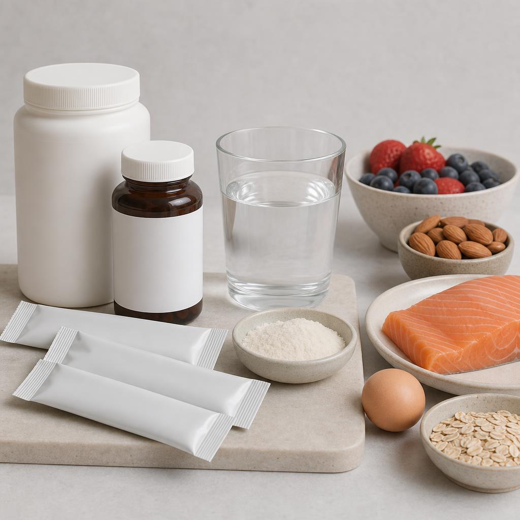 Original conservative collagen-supplement editorial with sealed sachets, bottles and water