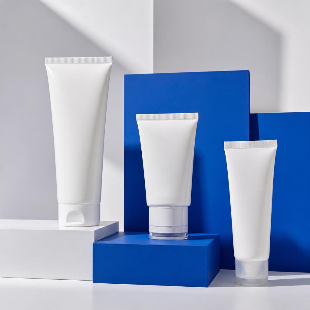 Original clean skincare editorial with cleanser, moisturiser and sunscreen on blue blocks