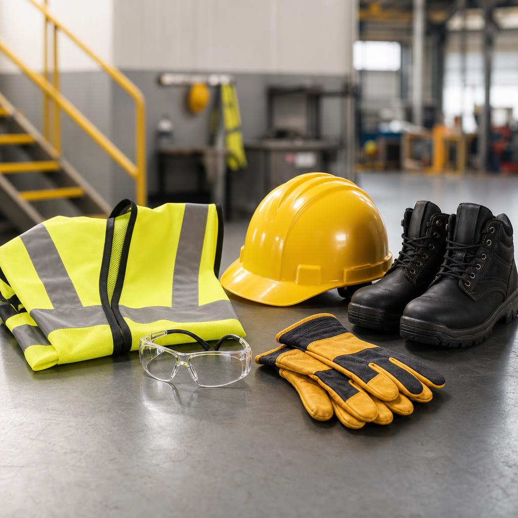 Original workplace safety editorial with high-visibility vest, hard hat, eyewear, gloves and boots