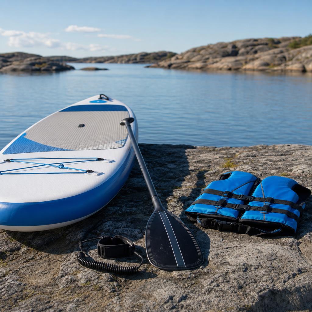 Original editorial image of a stand-up paddleboard, paddle, leash and buoyancy aid by calm water