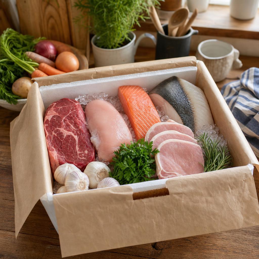 Original food delivery editorial of chilled meat, fish, herbs and vegetables in an insulated box
