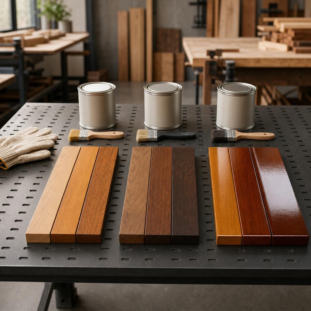 Original woodworking editorial with timber finish samples, brushes, gloves and closed tins