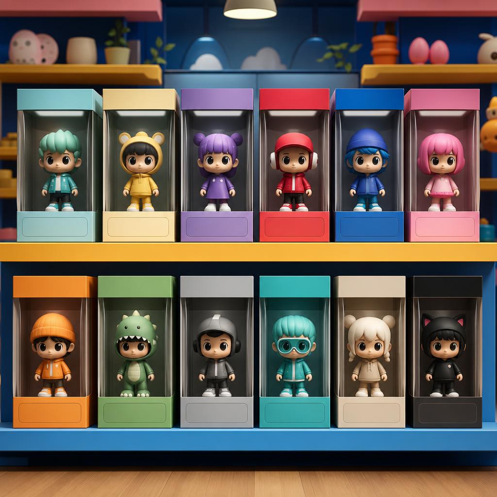 Original collectible toy editorial with generic stylized figures in blank display boxes