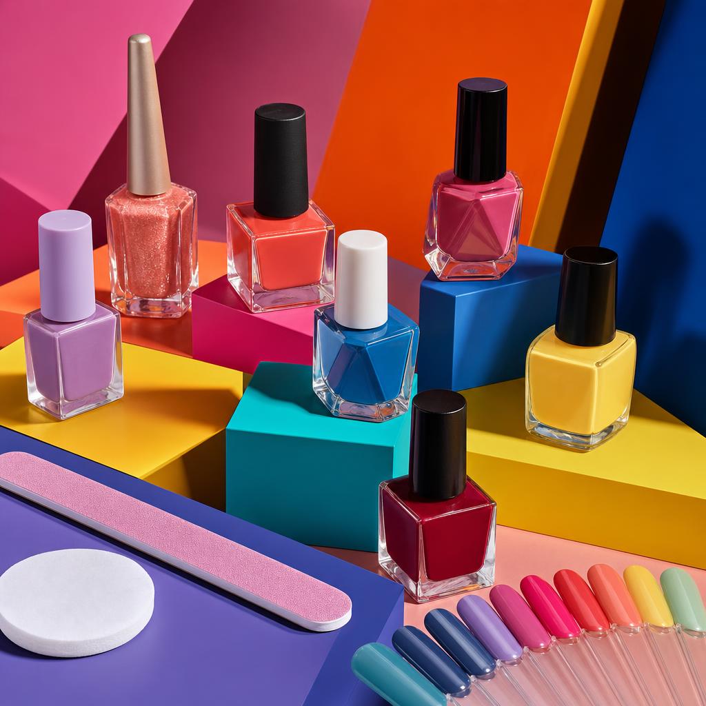 Original nail-colour editorial with polish bottles, file, remover pad and colour swatches