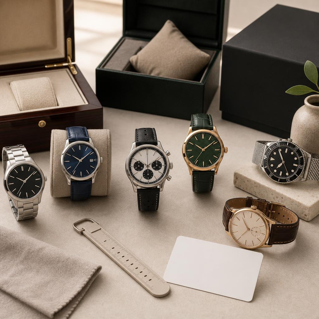 Original watch retail editorial with varied wristwatches, measuring guide and presentation boxes