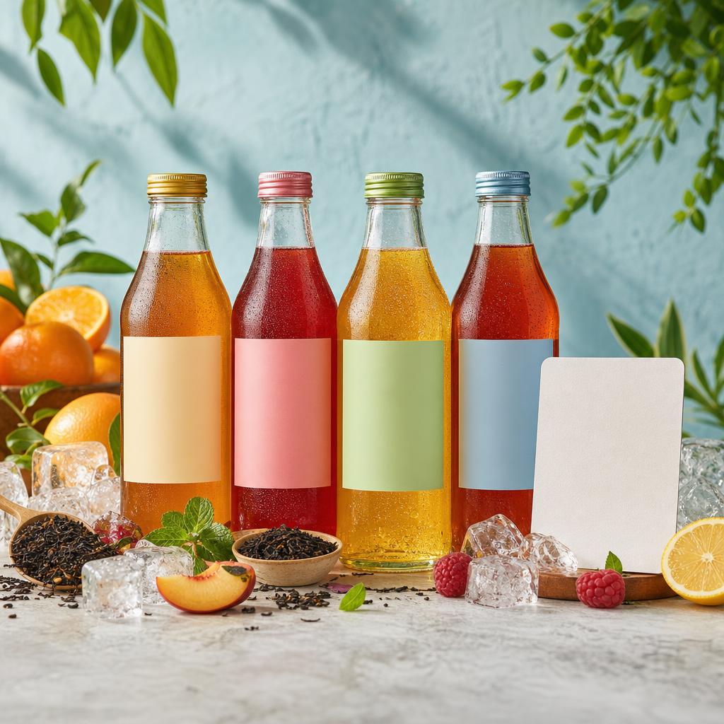 Original cold-brew tea editorial with blank bottles, tea leaves, fruit, ice and nutrition card