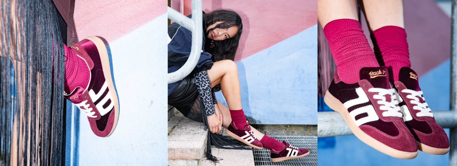 Collage of women modelling red, pink and black casual shoes in outdoor settings