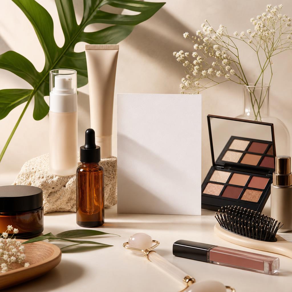 Original Asian-beauty editorial with sealed skincare, makeup, haircare, tools and blank ingredient card