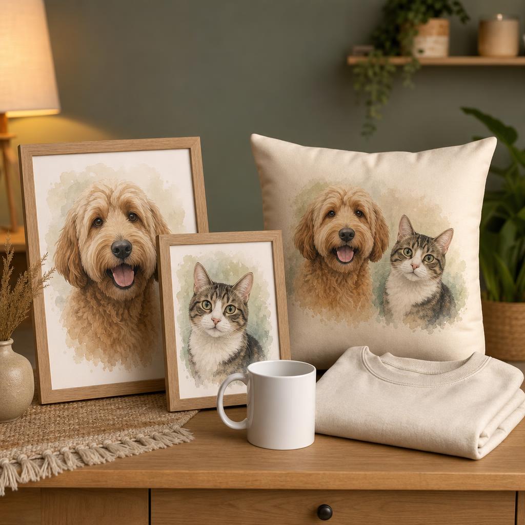 Original custom pet-gift editorial with framed dog and cat portraits, mug, cushion and sweatshirt