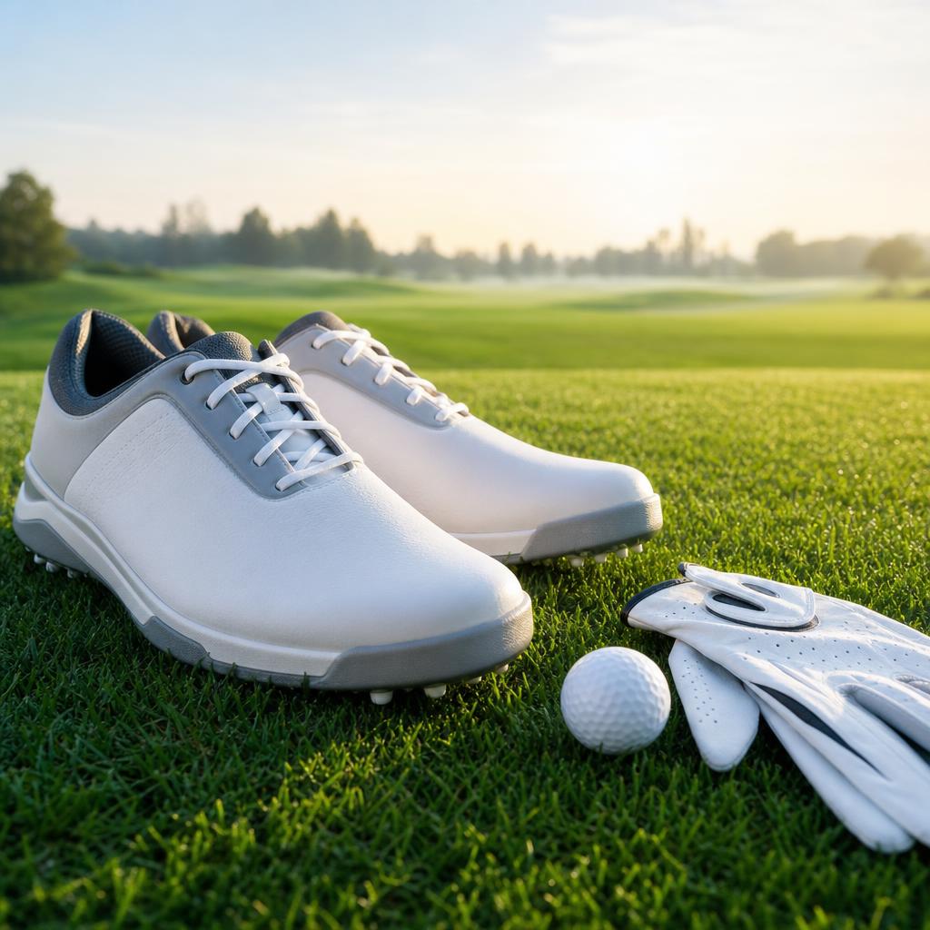 Original editorial image of modern golf shoes, ball and glove beside manicured course turf