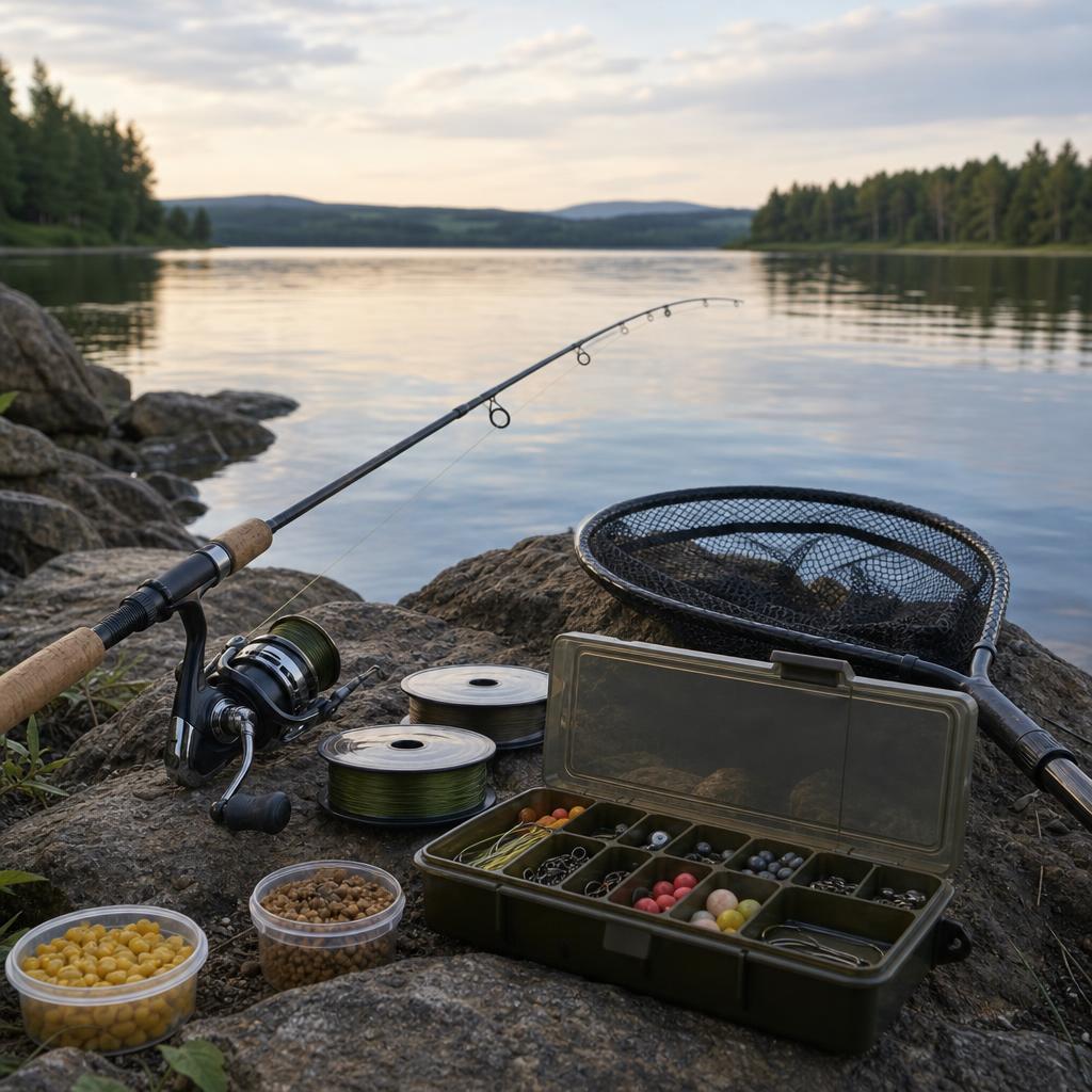 Original responsible angling editorial with rod, reel, net, line and safely contained tackle