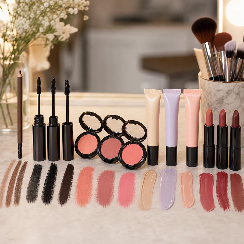 Original cosmetics editorial with brow, mascara, blush, primer, lipstick, brushes and swatches