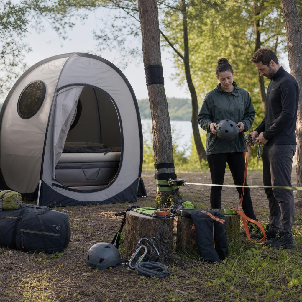 Original photographic Fofana US editorial for US family outdoor pod tents and slackline obstacle-course equipment