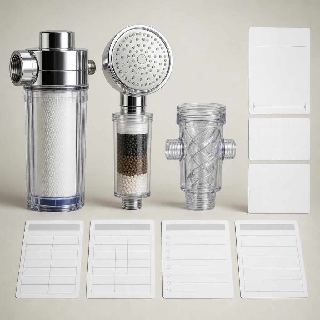 Original Aquadea editorial for water-vortex shower, filter and household water products marketed with unsupported hexagonal-water and wellness language