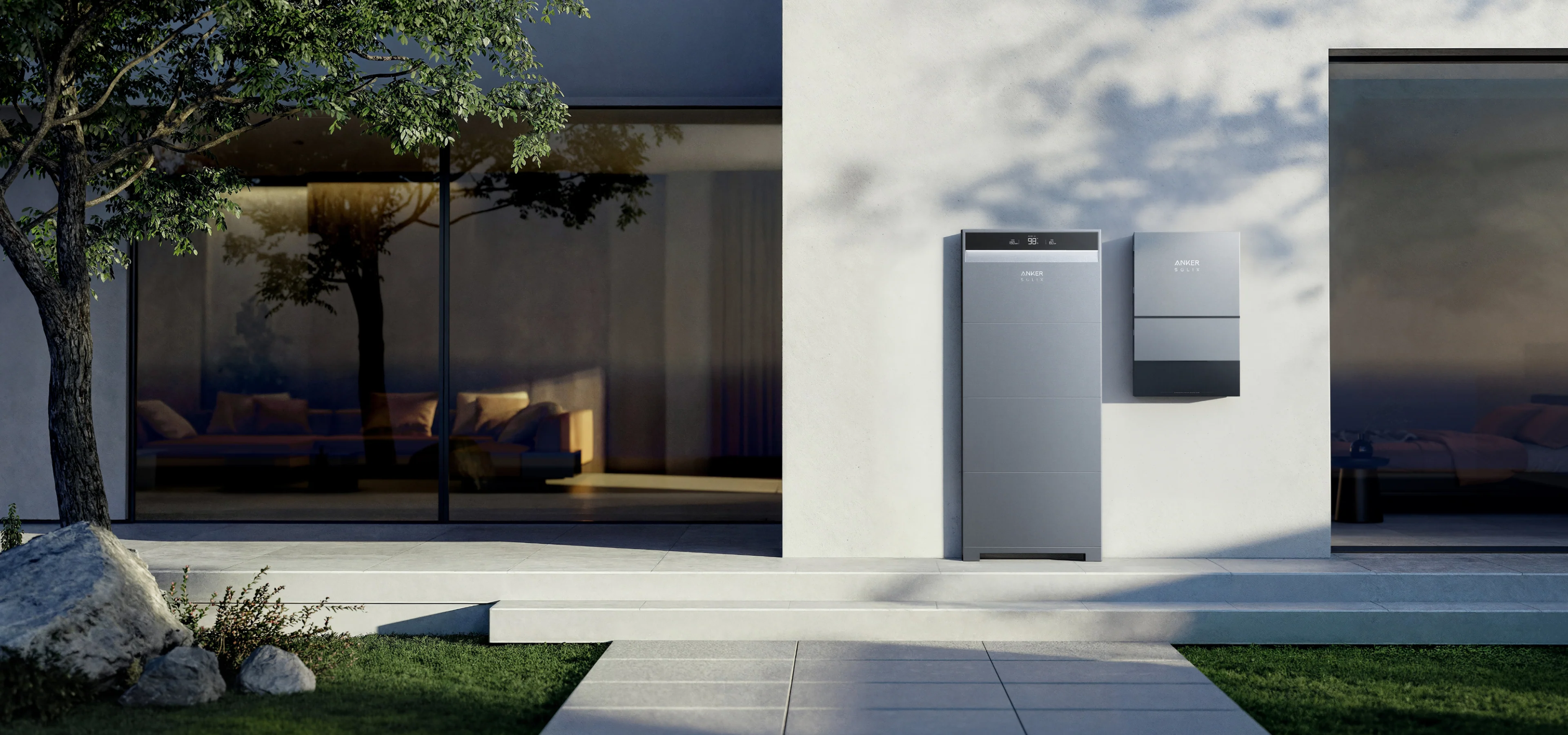 Anker SOLIX X1 home energy storage system beside a house