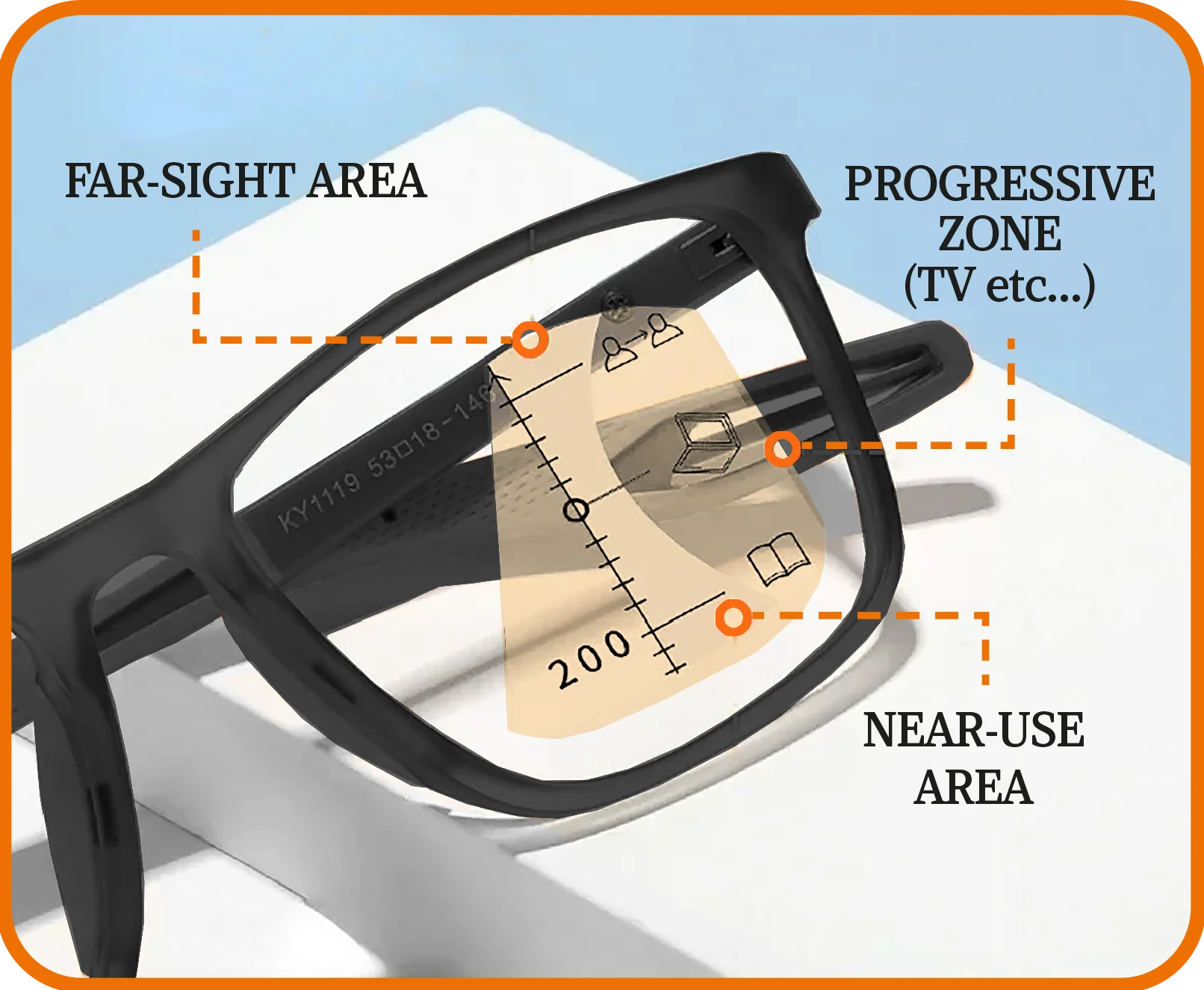 Five Star Direct progressive reading glasses showing distance and reading zones