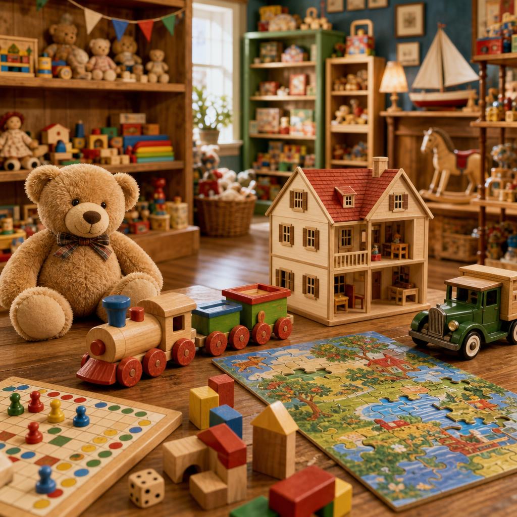 Original toy-shop editorial with teddy, wooden train, dollhouse, puzzle, board game and vehicle