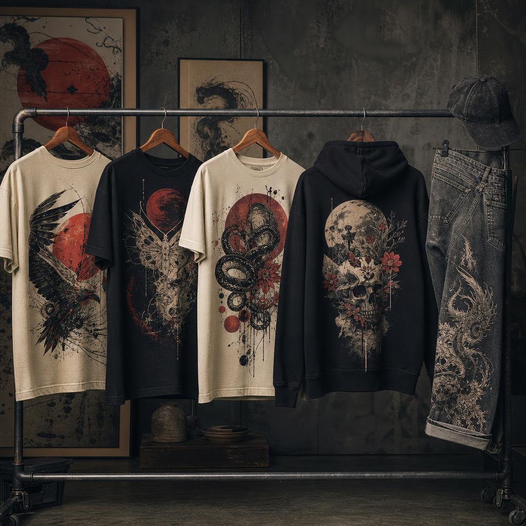 Original alternative-apparel editorial with graphic shirts, hoodie, jeans and cap