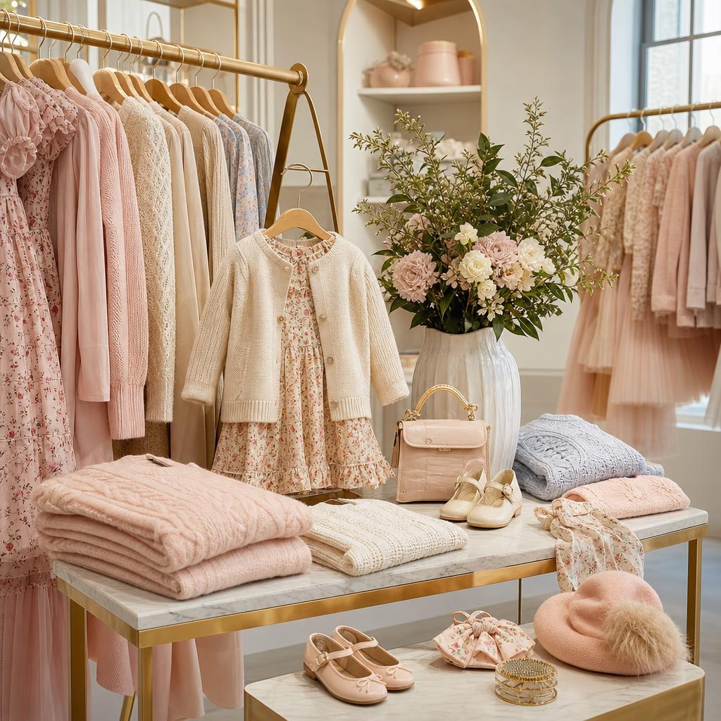 Original women and children fashion editorial with occasionwear, knitwear and accessories