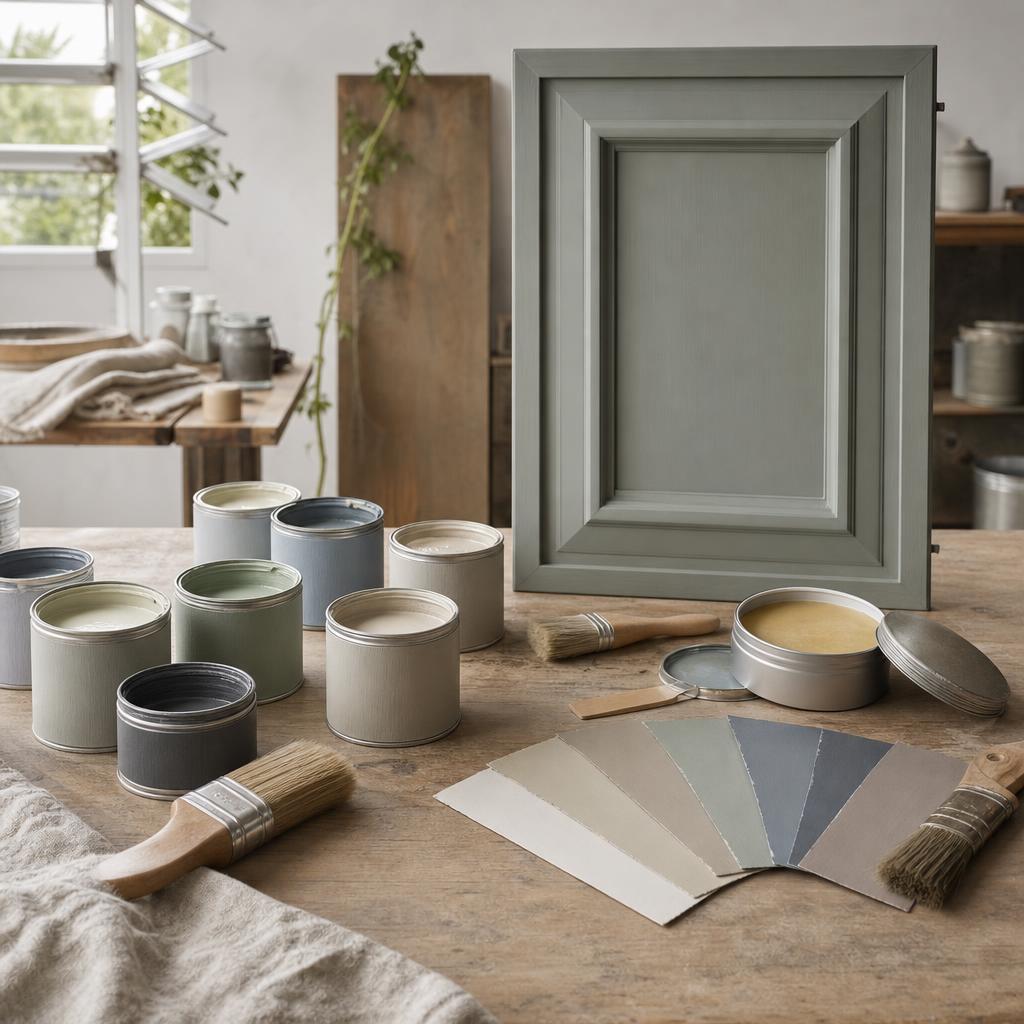 Original decorating editorial with chalk paint tins, brushes, wax and painted cabinet panel