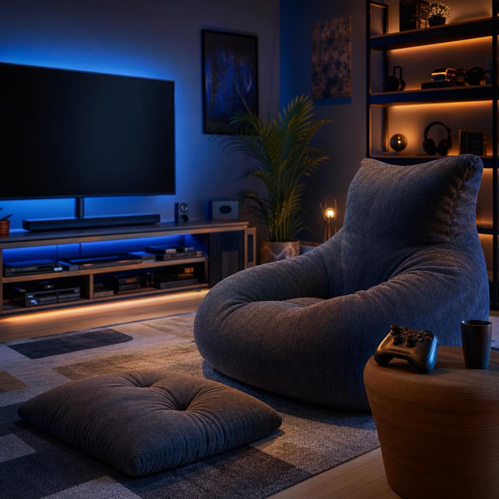 Original gaming-room editorial with a supportive bean bag chair, floor cushion and controller