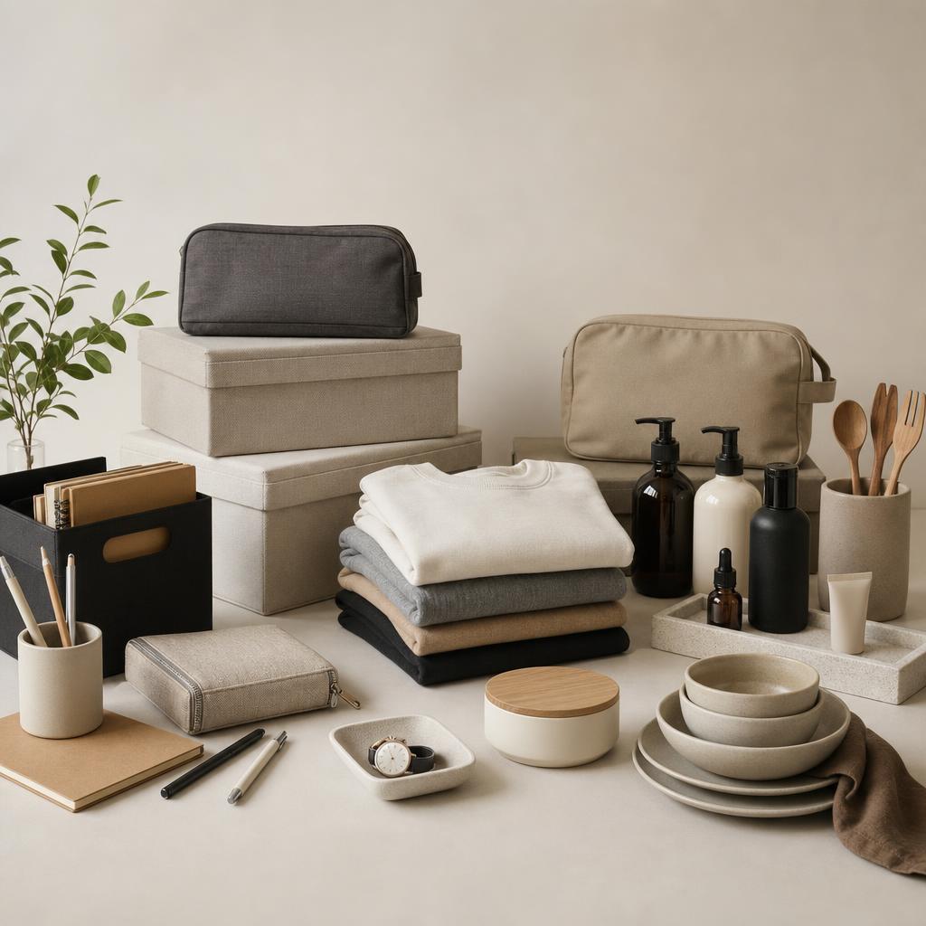 Original minimalist lifestyle editorial with storage, stationery, clothing, travel, tableware and skincare
