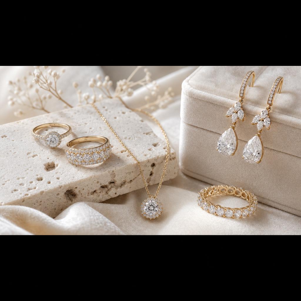 Original fine jewellery editorial with rings, pendant and earrings on pale stone and velvet