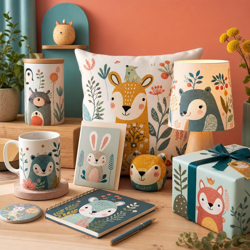 Original character-themed gift editorial with generic whimsical motifs, mug, cushion, stationery and lamp