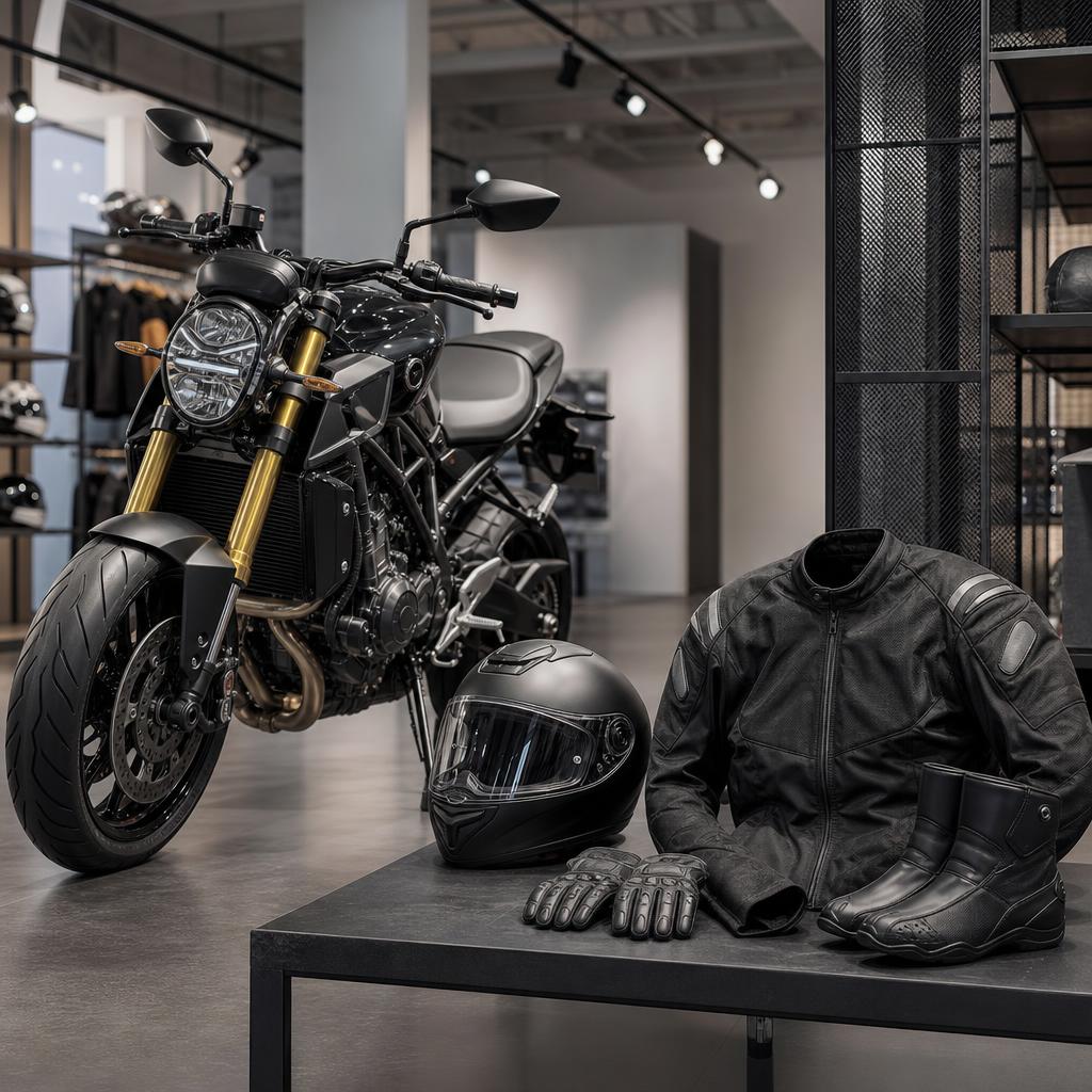 Original motorcycle retail editorial with road bike, helmet, armored jacket, gloves and boots