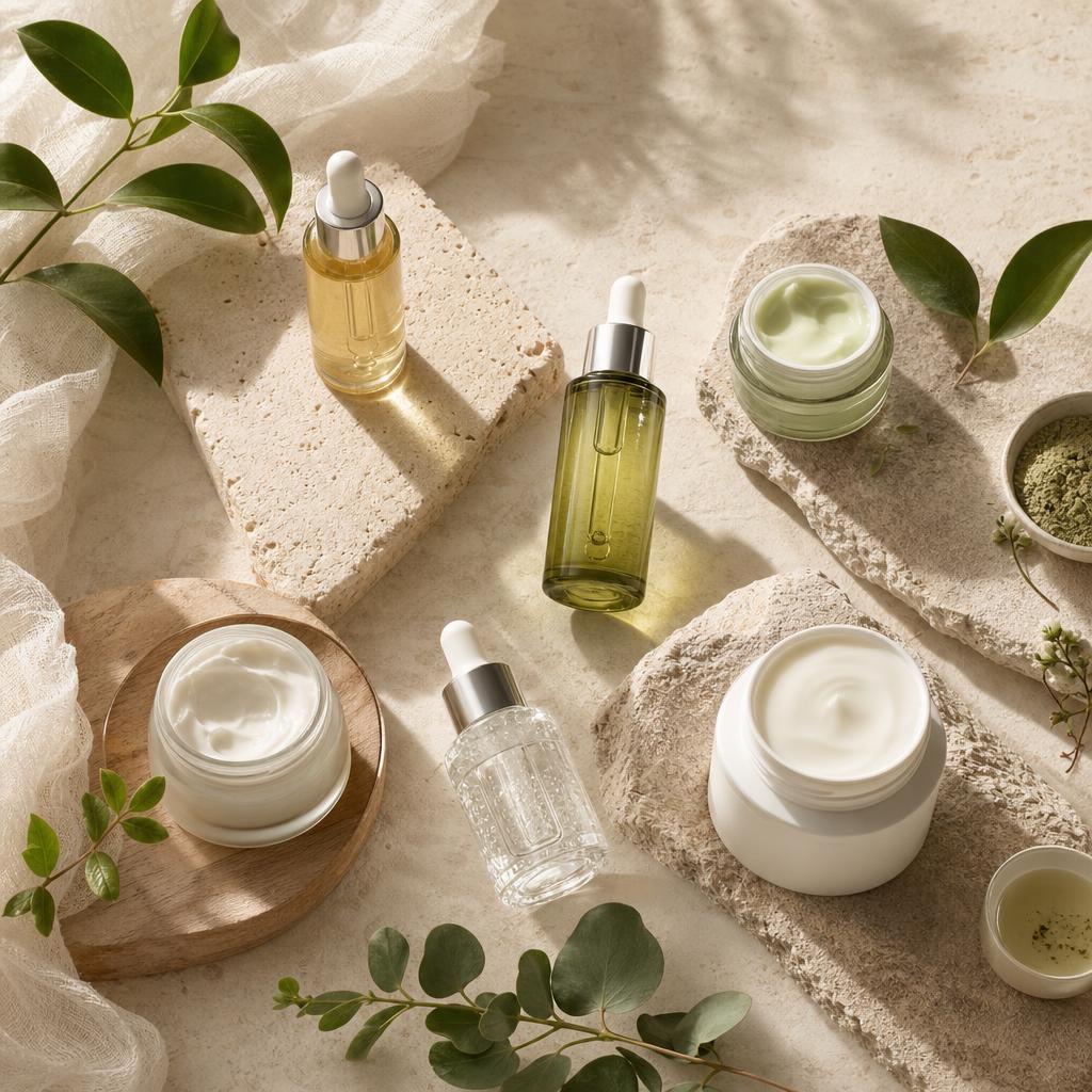 Original botanical skincare editorial with serum bottles, jars and green leaves
