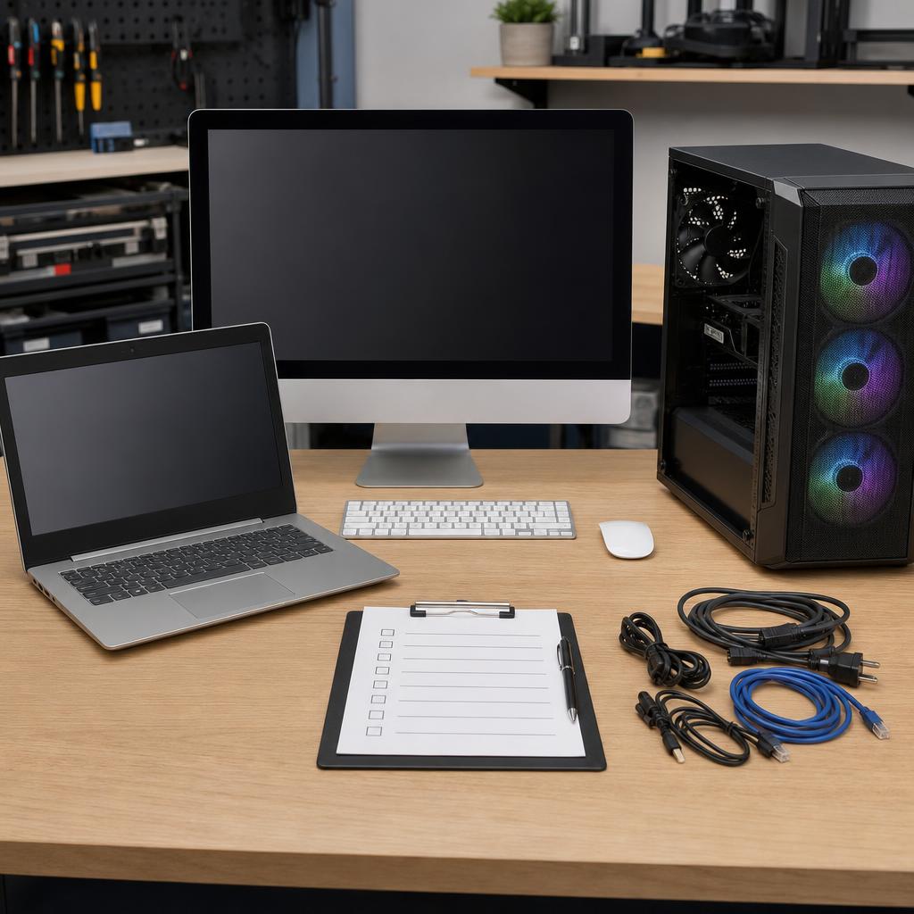 Original refurbished-computer editorial with laptop, desktop and inspection checklist