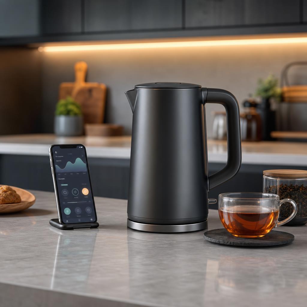 Original smart-kettle editorial with electric kettle, smartphone and tea cup