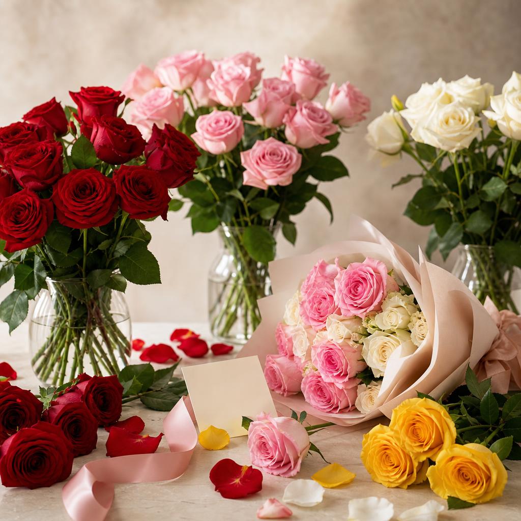 Original florist editorial with rose bouquets, single stems, petals, vase and blank delivery card