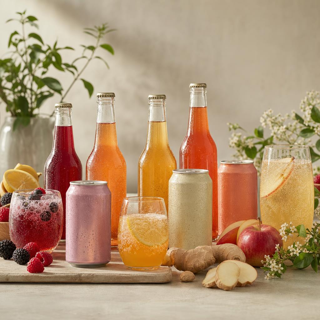 Original conservative soft-drink editorial with unbranded bottles, cans and fruit ingredients