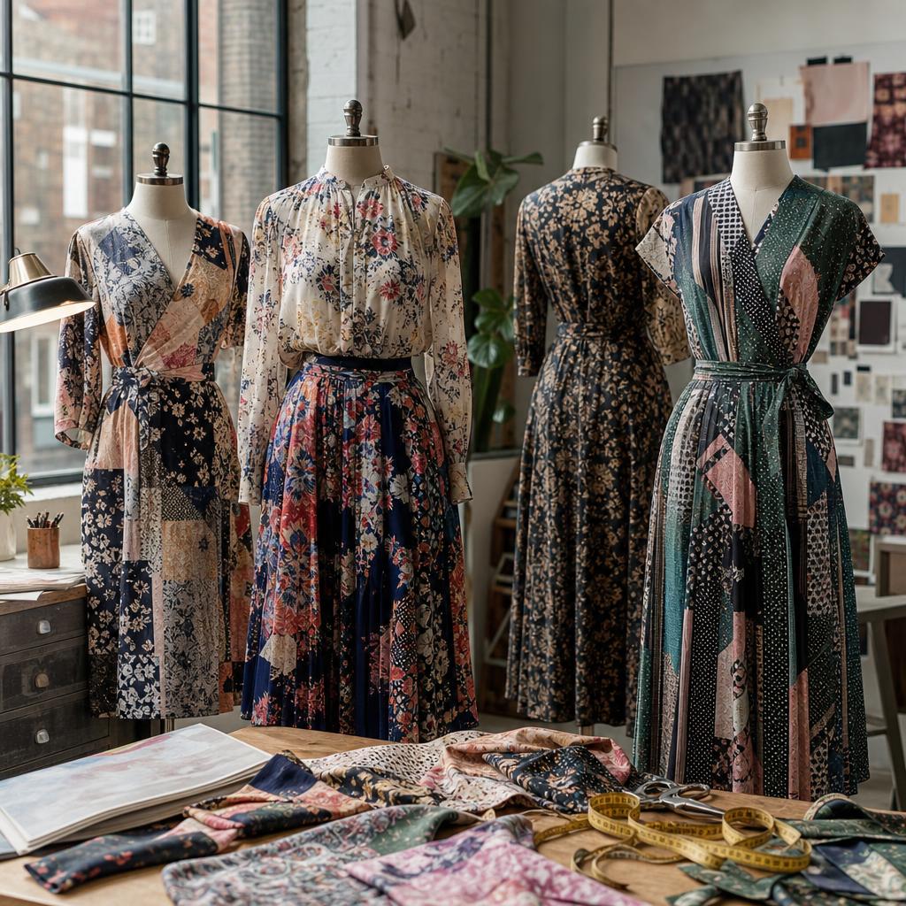 Original London womenswear editorial with patterned dresses, blouse, skirt and fitting tools
