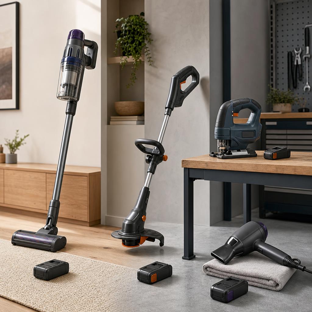 Original cordless home technology editorial with vacuum, garden trimmer, power tool and hair dryer