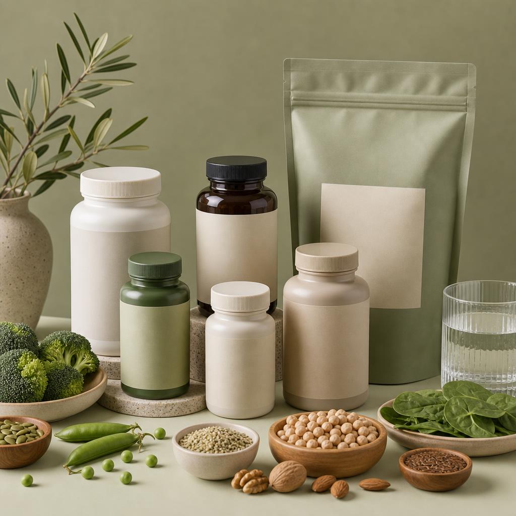 Original conservative vegan-supplement editorial with sealed bottles, pouch and whole foods
