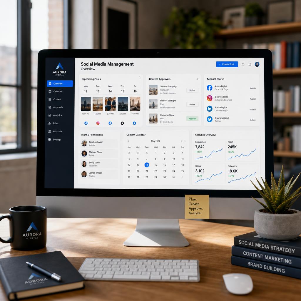 Original photographic Vista Social editorial for social-media publishing, scheduling, inbox, analytics and account-management software