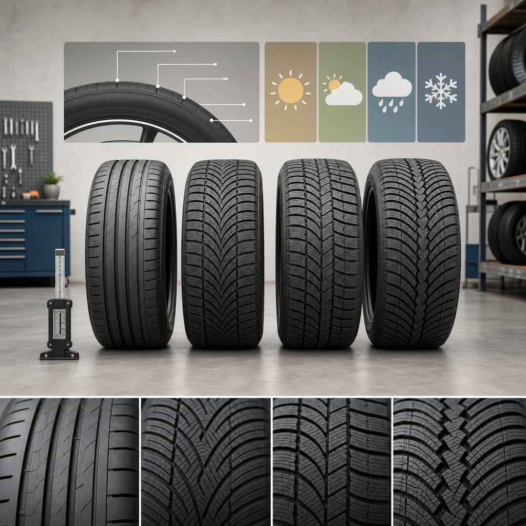 Original European tyre editorial with passenger tyres, tread gauge and sizing diagram