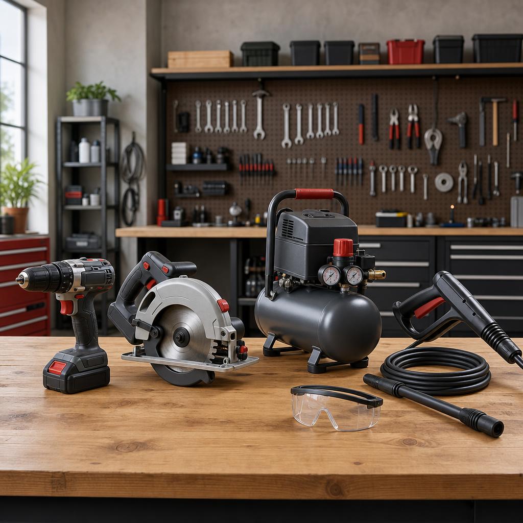 Original power-equipment editorial with drill, saw, compressor and safety goggles