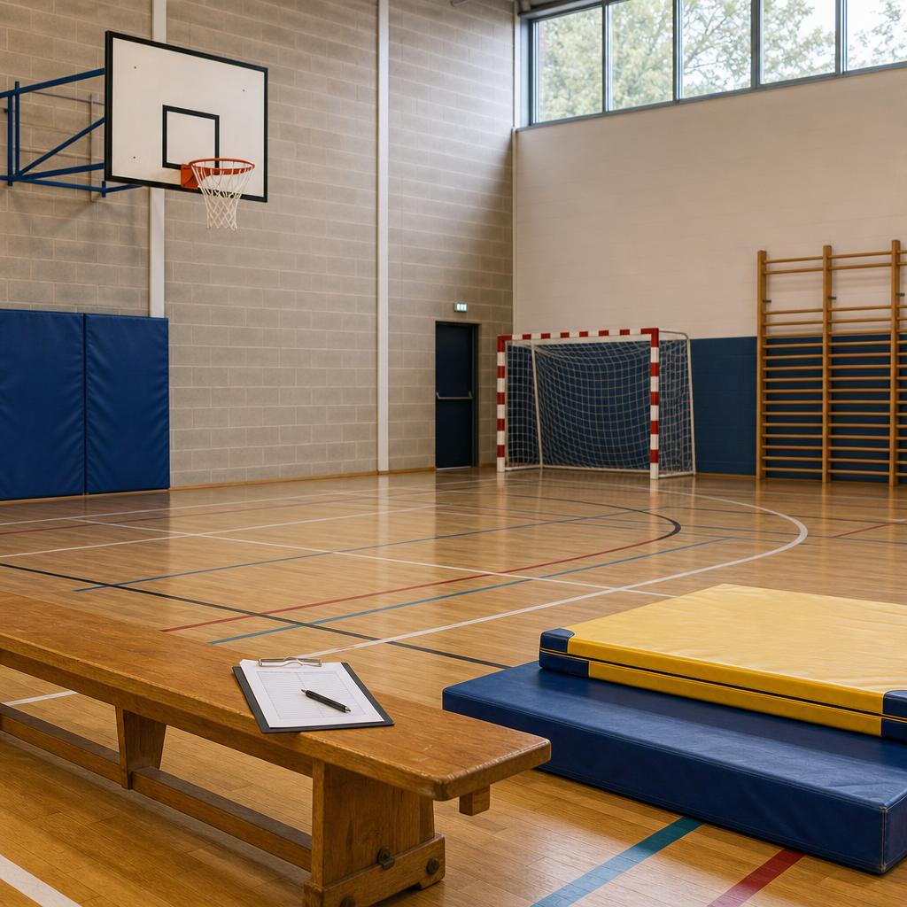 Original school sports hall with goal, hoop, bench, mats and inspection clipboard
