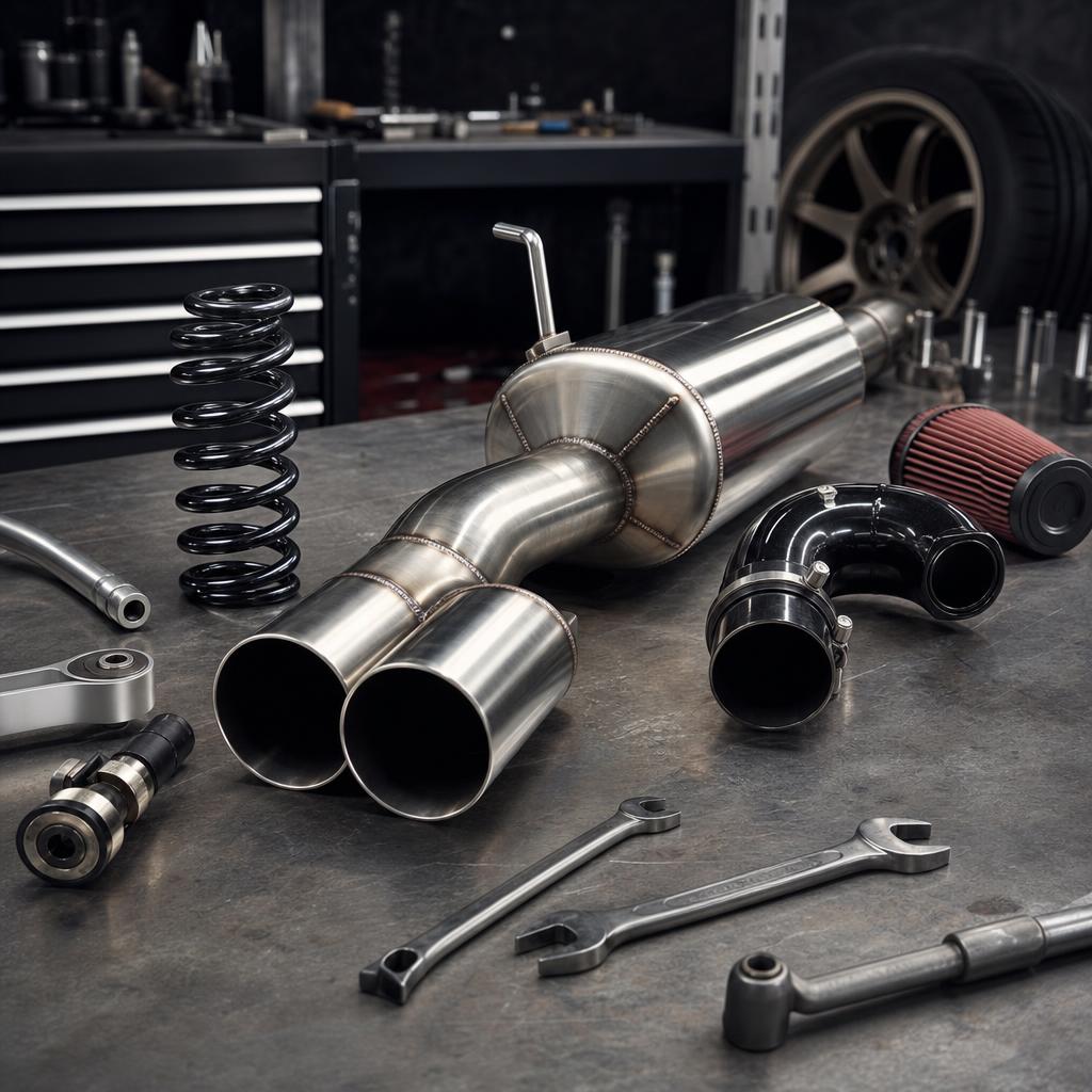 Original automotive editorial with exhaust, suspension and intake components on a workshop bench