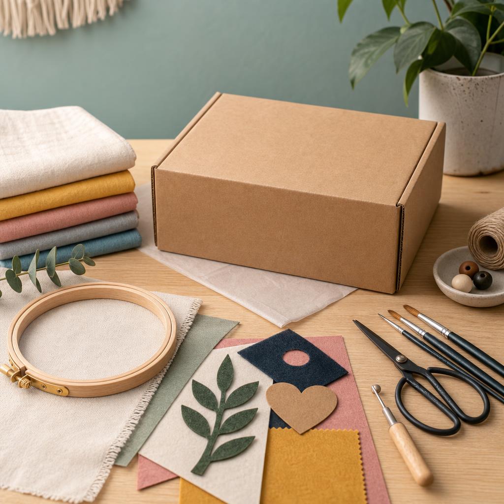 Original modern craft-subscription editorial with craft box, fabric, hoop, paper and safe tools