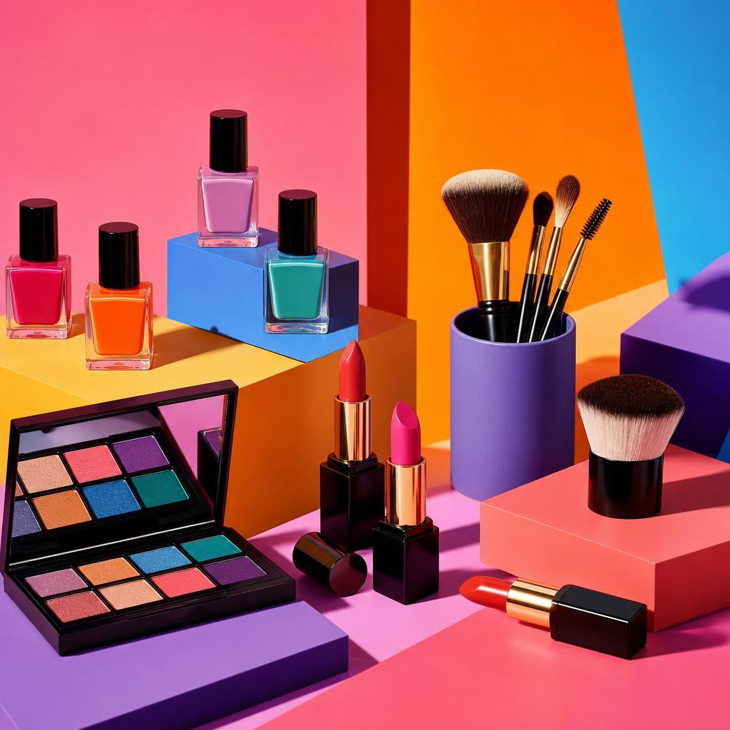 Original colourful cosmetics editorial with nail polish, makeup palette, lipstick and brushes